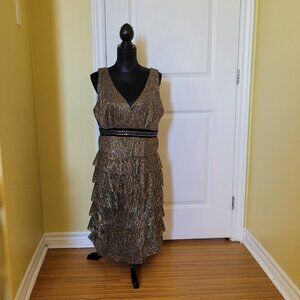 Frank Lyman dress formal evening date gold silver plus 14 metallic vintage gown